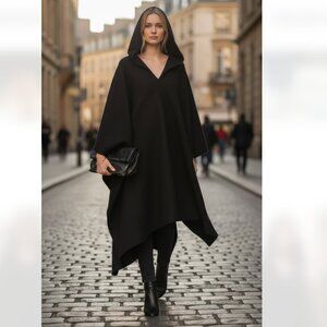 NWT  Zara $259 Steven Meisel 100% Wool Oversized Black Hooded Poncho 5755/310